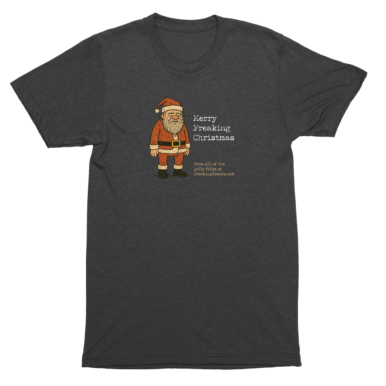 Dark gray t-shirt with a cartoon Santa Claus graphic and text on a white background