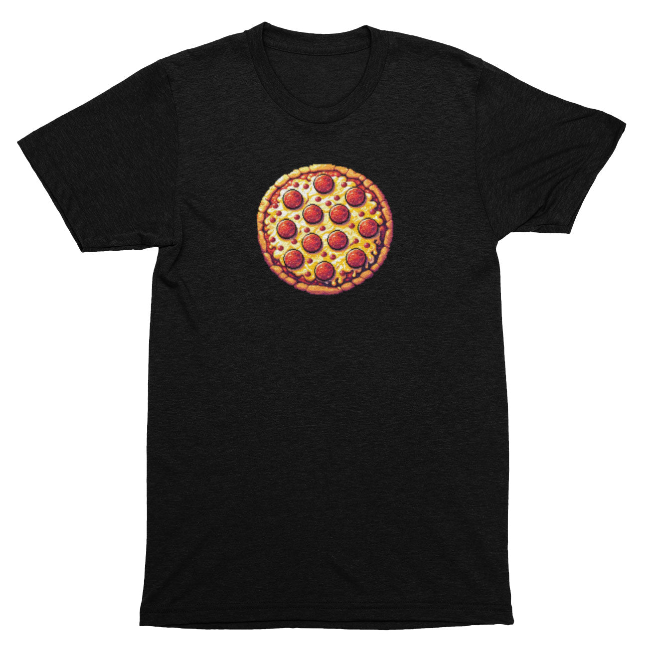 Black t-shirt with a pizza graphic on a white background