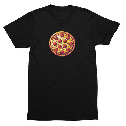 Black t-shirt with a pizza graphic on a white background