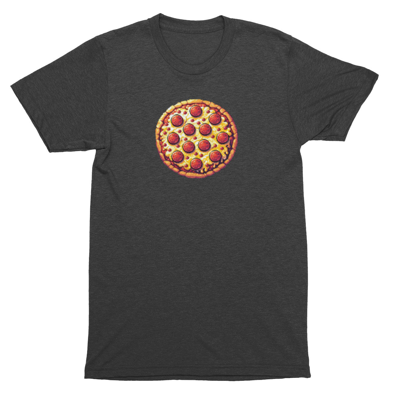 Dark gray t-shirt with a pizza graphic on a white background
