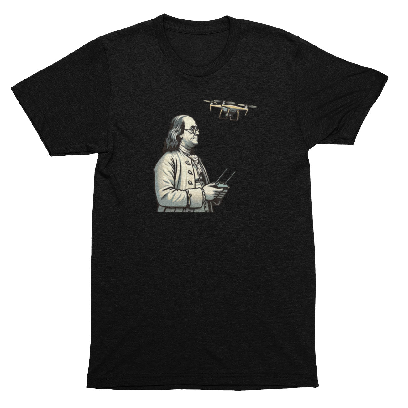Black t-shirt with a graphic of a historical figure holding a drone on a white background