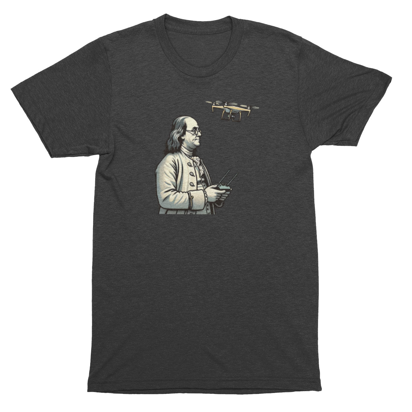 Dark gray t-shirt with a graphic of Benjamin Franklin holding a drone on a white background