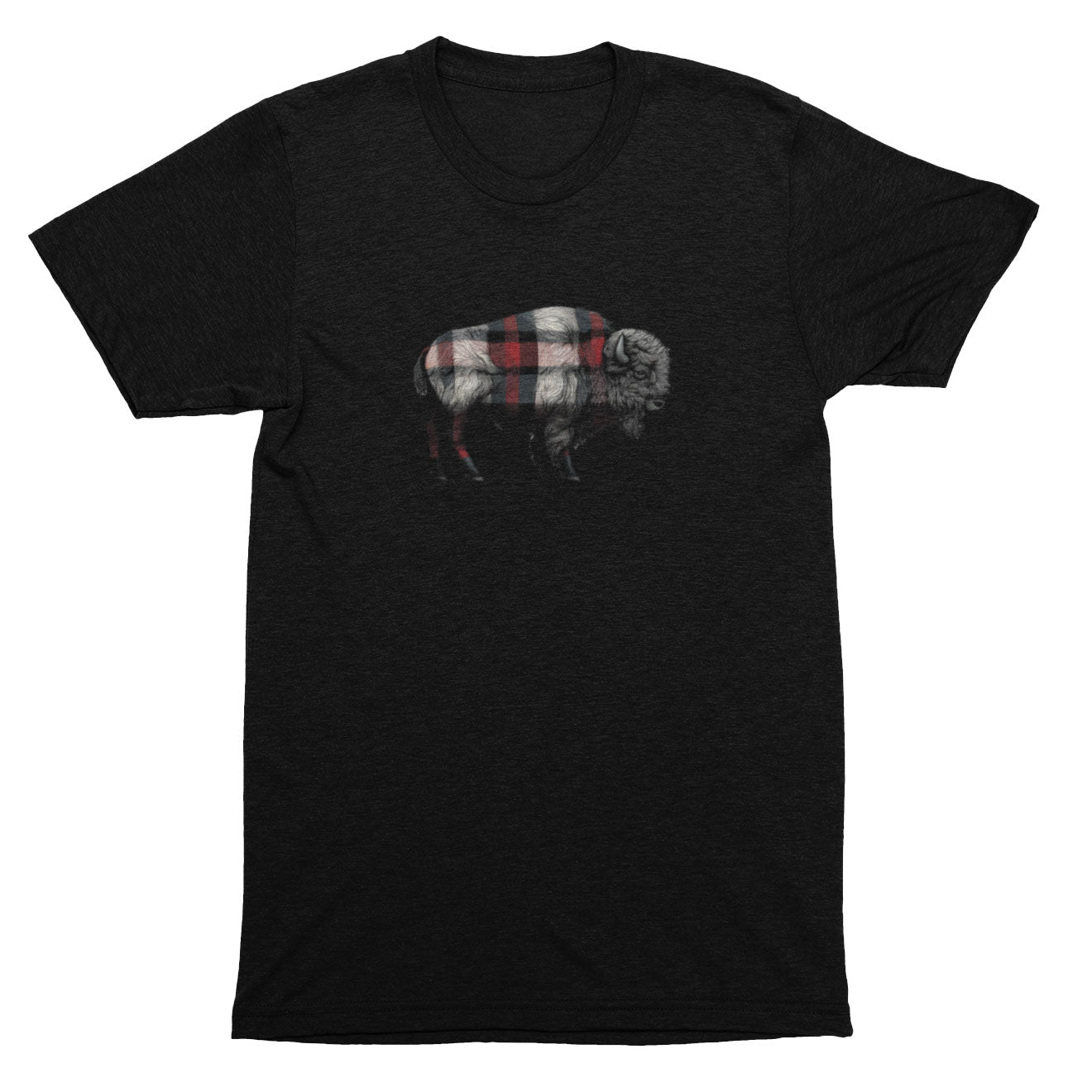 Black t-shirt with a graphic of a buffalo wearing a plaid shirt on a white background