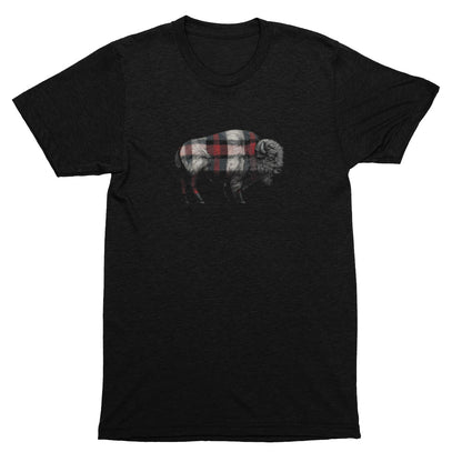 Black t-shirt with a graphic of a buffalo wearing a plaid shirt on a white background