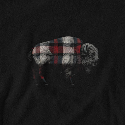 Black shirt with a plaid-patterned bison design on a dark background