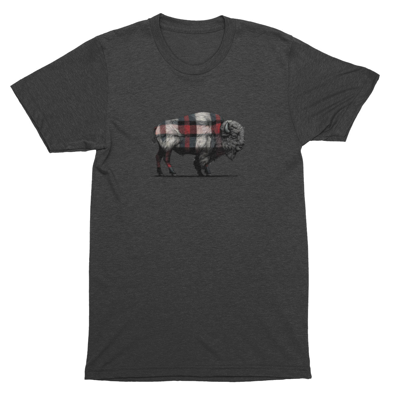 Dark gray t-shirt with a graphic of a buffalo wearing a plaid blanket on a white background