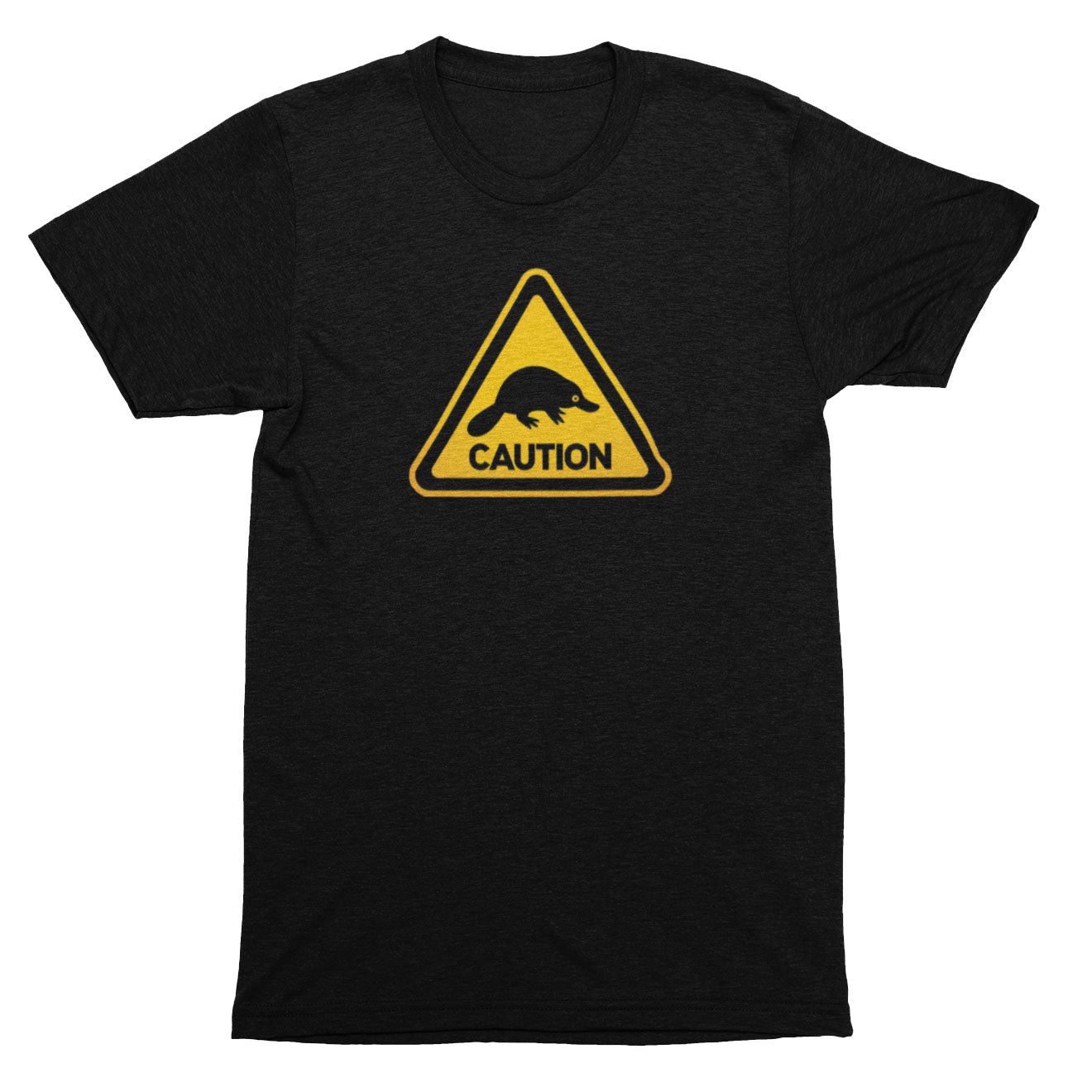 Black t-shirt with a yellow caution sign featuring a platypus on a white background