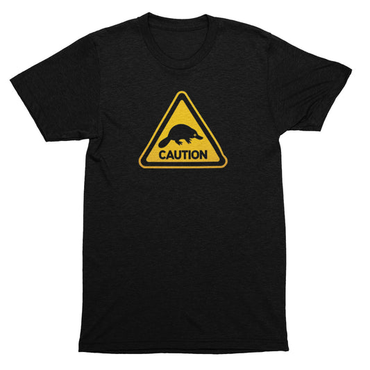 Black t-shirt with a yellow caution sign featuring a platypus on a white background