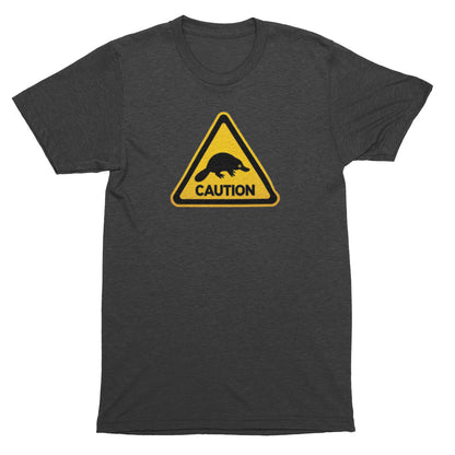 Dark gray t-shirt with a yellow caution sign featuring a platypus on a white background