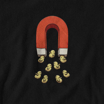 Black t-shirt with a red magnet and yellow chicks design on a black background