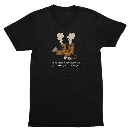 Black t-shirt with graphic of boots and text on a white background