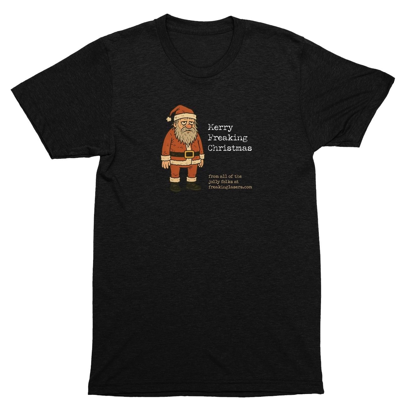 Black t-shirt with a cartoon Santa Claus graphic and text on a white background