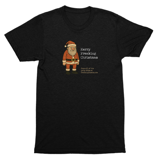 Black t-shirt with a cartoon Santa Claus graphic and text on a white background
