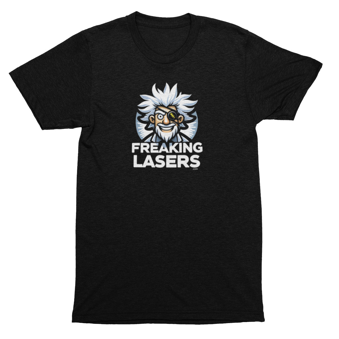 Black t-shirt with 'Freaking Lasers' graphic design on a white background