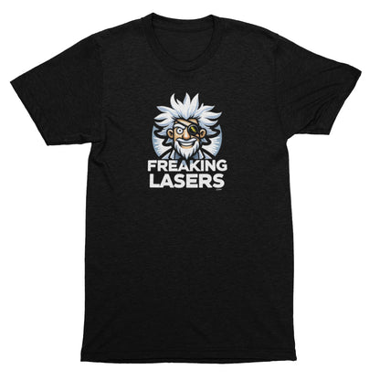 Black t-shirt with 'Freaking Lasers' graphic design on a white background