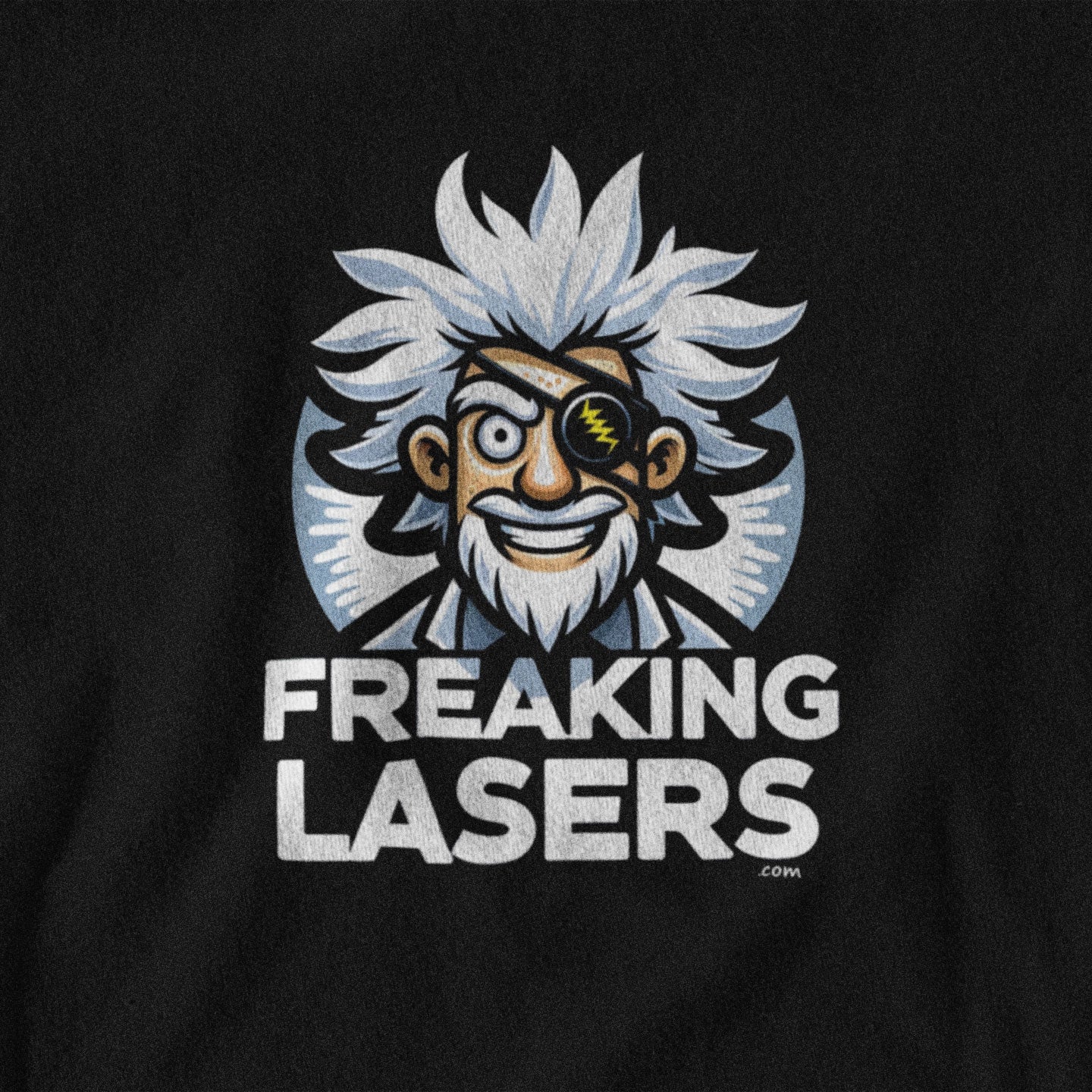 Black t-shirt with a graphic of a character with white hair and goggles, and the text 'Freaking Lasers' on a black background.