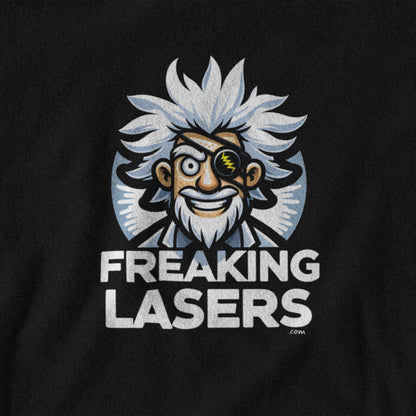 Black t-shirt with a graphic of a character with white hair and goggles, and the text 'Freaking Lasers' on a black background.