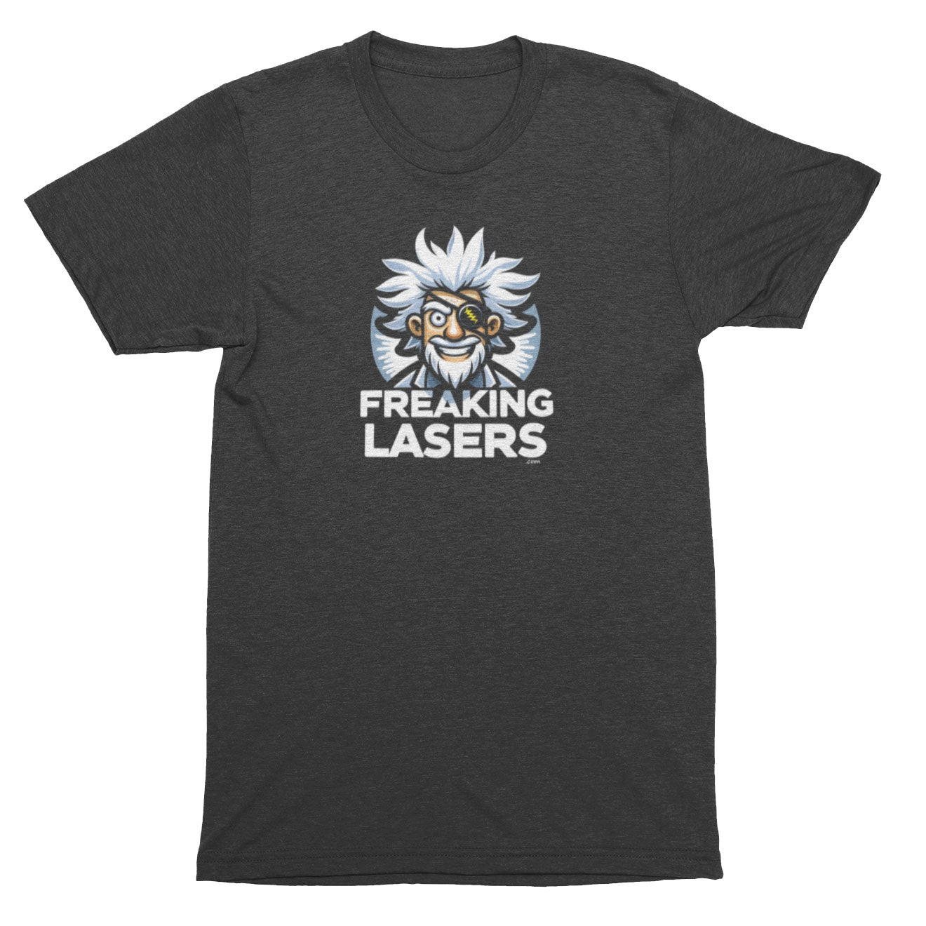 Gray t-shirt with a graphic of a character with white hair and the text 'Freaking Lasers' on a white background