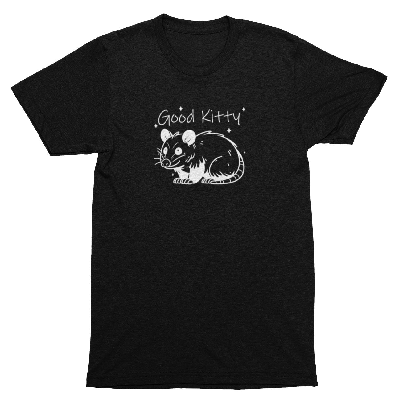 Black t-shirt with a white possum illustration and 'Good Kitty' text on a white background