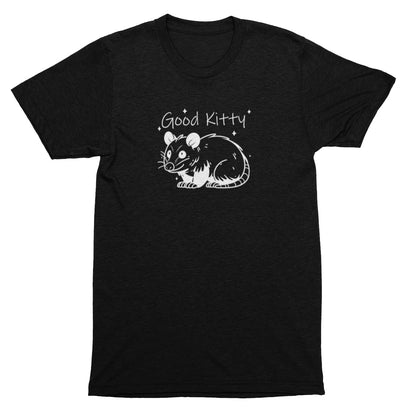 Black t-shirt with a white possum illustration and 'Good Kitty' text on a white background