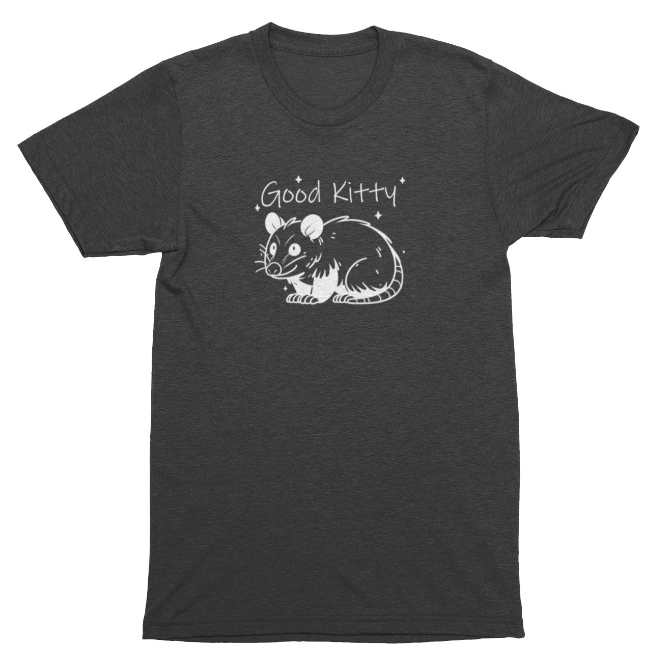 Dark gray t-shirt with a white possum illustration and 'Good Kitty' text on a white background