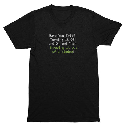 Black t-shirt with text on a white background
