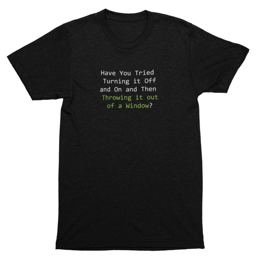 Black t-shirt with text on a white background