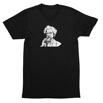 Black t-shirt with a white graphic of a famous person on a white background