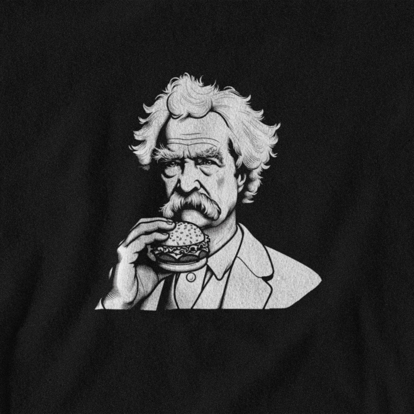 Illustration of a historical figure eating a burger on a black background