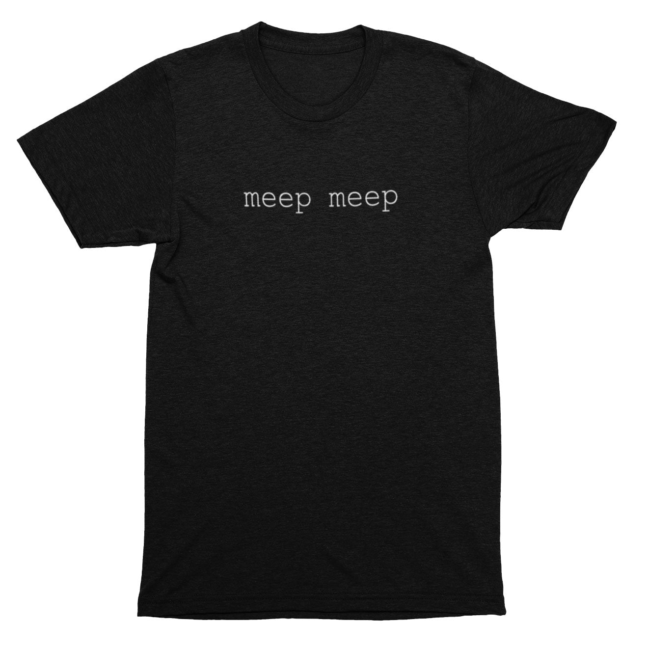 Black t-shirt with 'meep meep' text on a white background