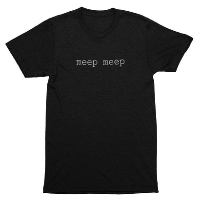 Black t-shirt with 'meep meep' text on a white background