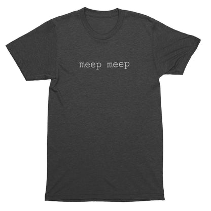 Gray t-shirt with 'meep meep' text on a white background
