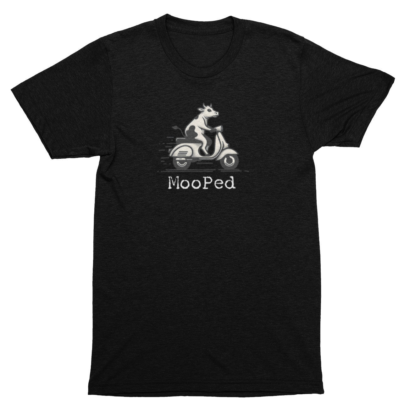 Black t-shirt with a graphic of a cow on a scooter and 'Mooped' text on a white background