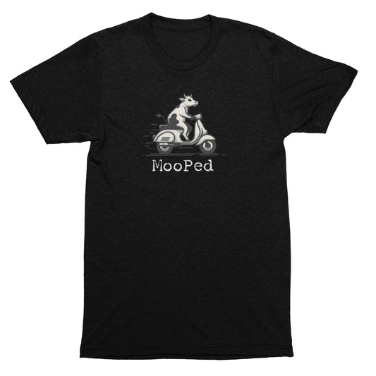 Black t-shirt with a graphic of a cow on a scooter and 'Mooped' text on a white background