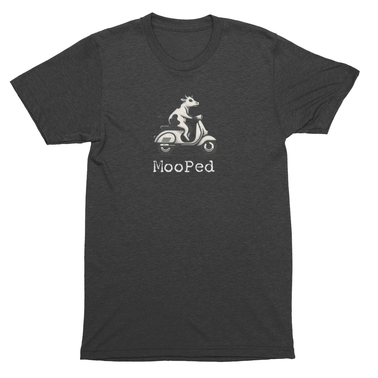 Dark gray t-shirt with a white graphic of a cow on a scooter and 'Mooped' text.