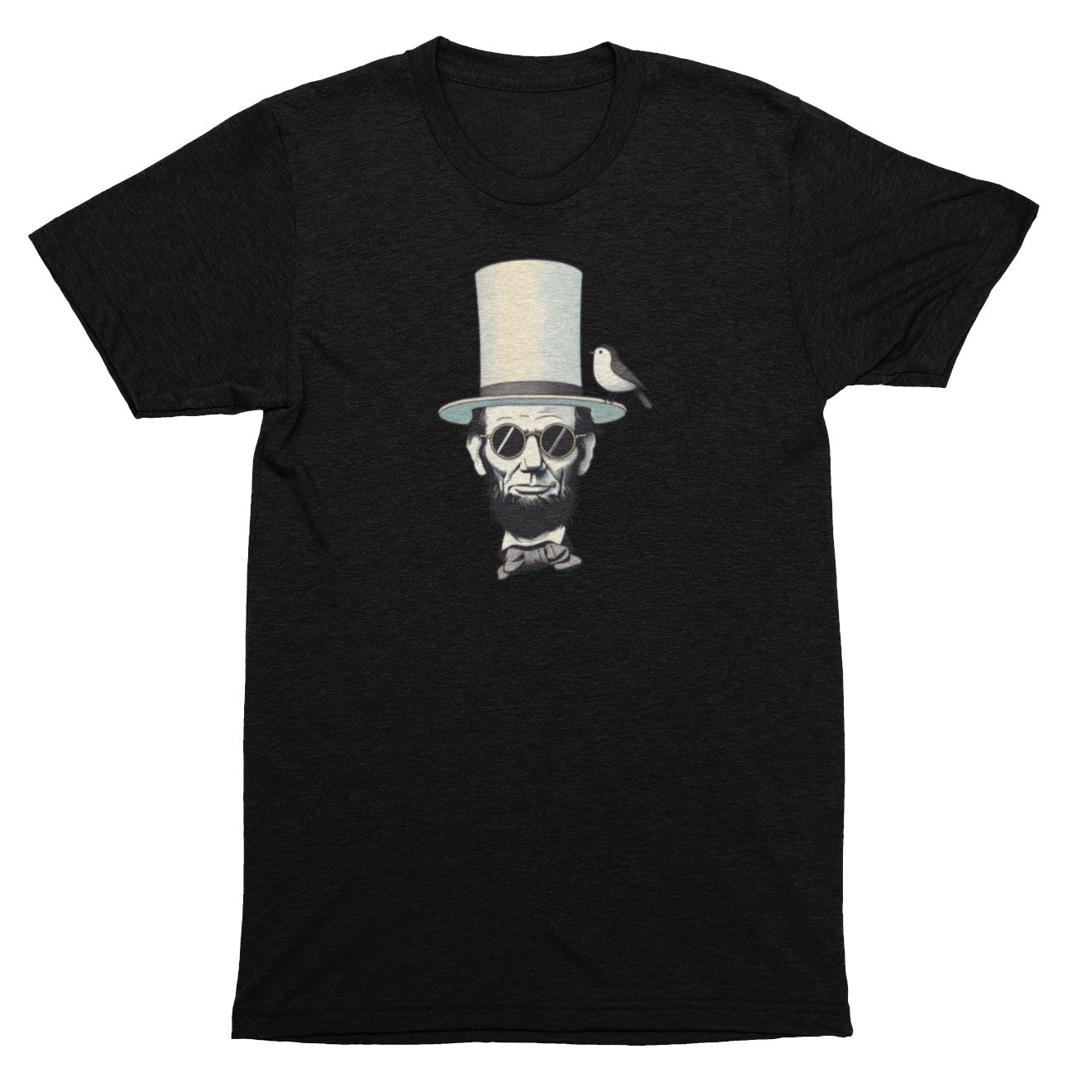 Black t-shirt with Lincoln wearing a top hat and bow tie graphic on a white background