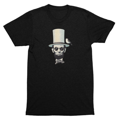 Black t-shirt with Lincoln wearing a top hat and bow tie graphic on a white background