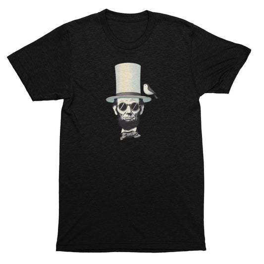 Black t-shirt with Lincoln wearing a top hat and bow tie graphic on a white background