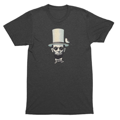 Gray t-shirt with Lincoln wearing a top hat and bow tie graphic on a white background