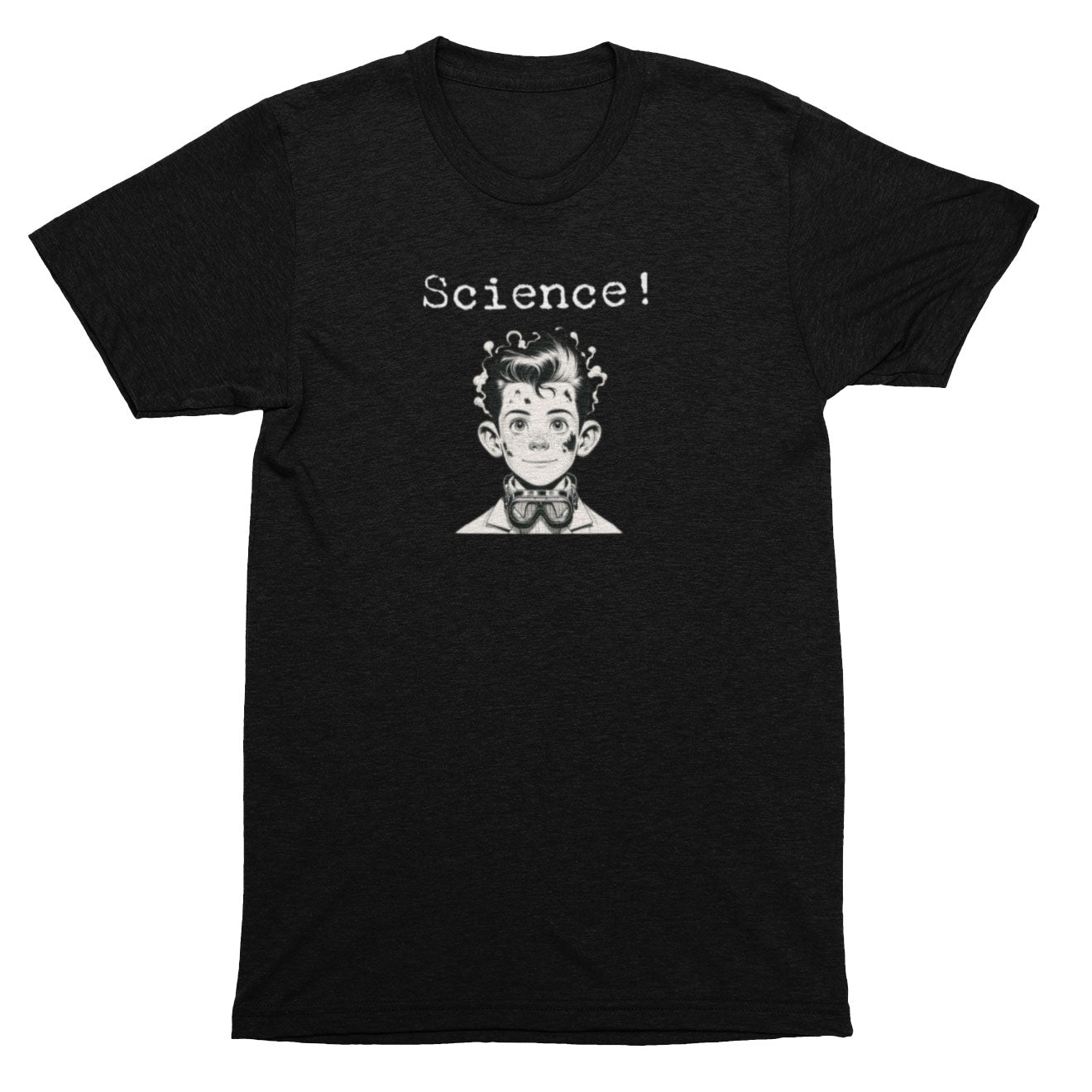 Black t-shirt with a graphic of a person with text 'Science!' on a white background