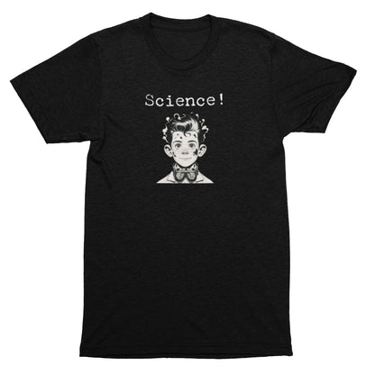 Black t-shirt with a graphic of a person with text 'Science!' on a white background