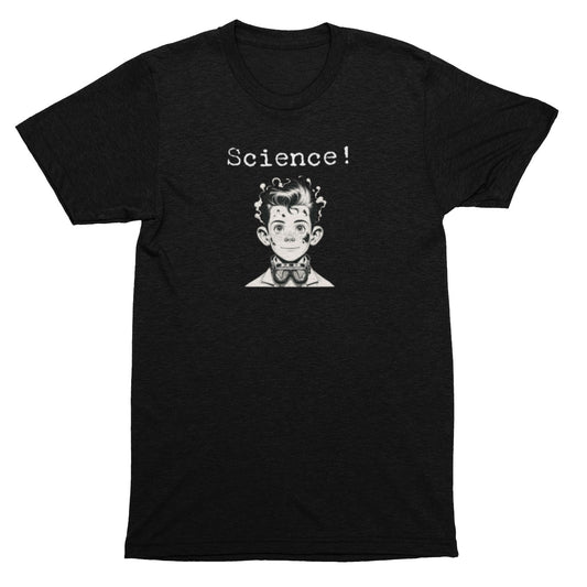 Black t-shirt with a graphic of a person with text 'Science!' on a white background
