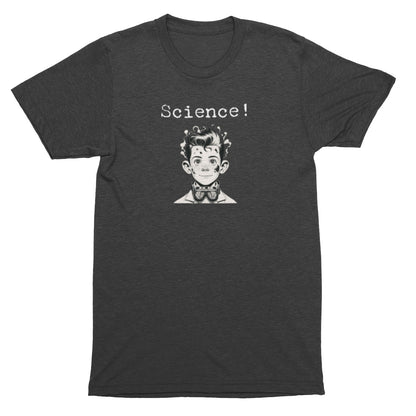 Gray t-shirt with a graphic of a person with text 'Science!' on a white background