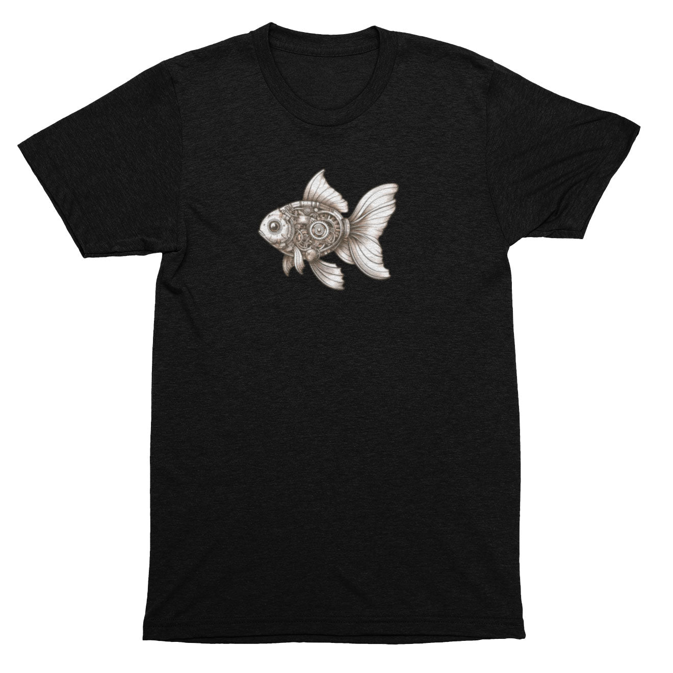 Black t-shirt with a goldfish graphic on a white background