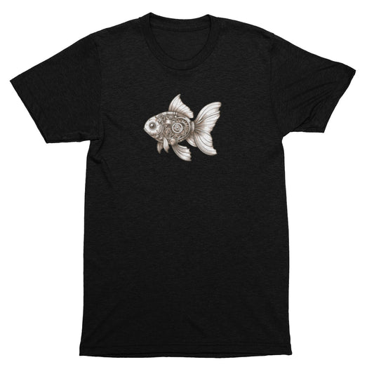 Black t-shirt with a goldfish graphic on a white background
