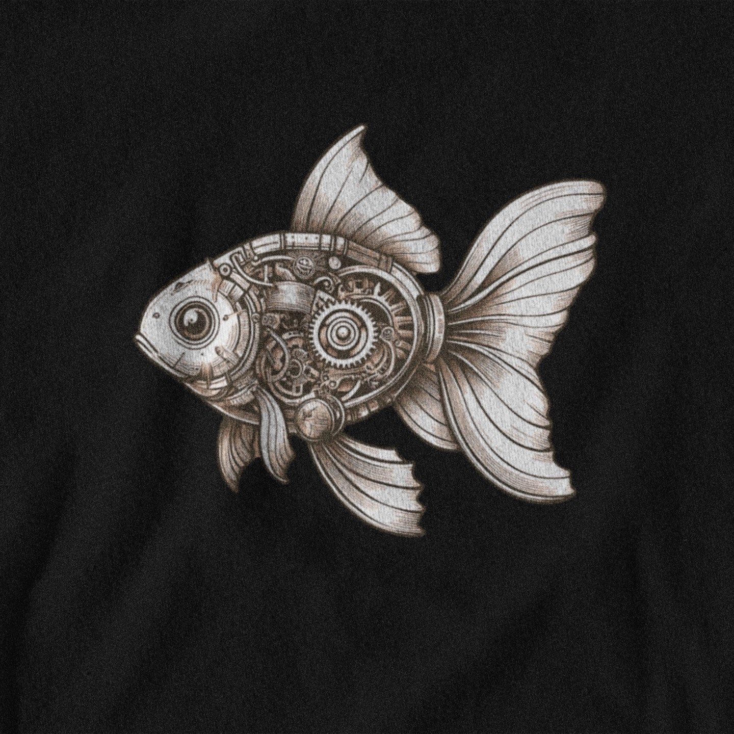 Mechanical goldfish design on a black background