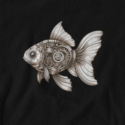 Mechanical goldfish design on a black background