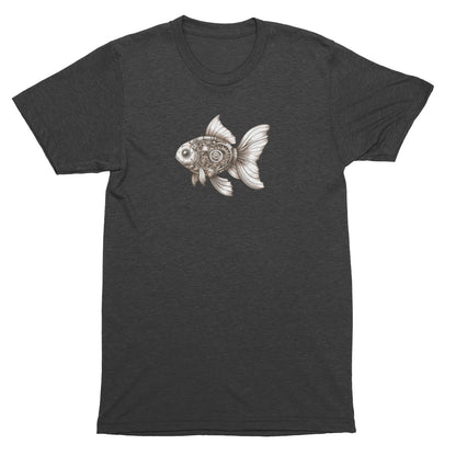 Gray t-shirt with a goldfish graphic on a white background