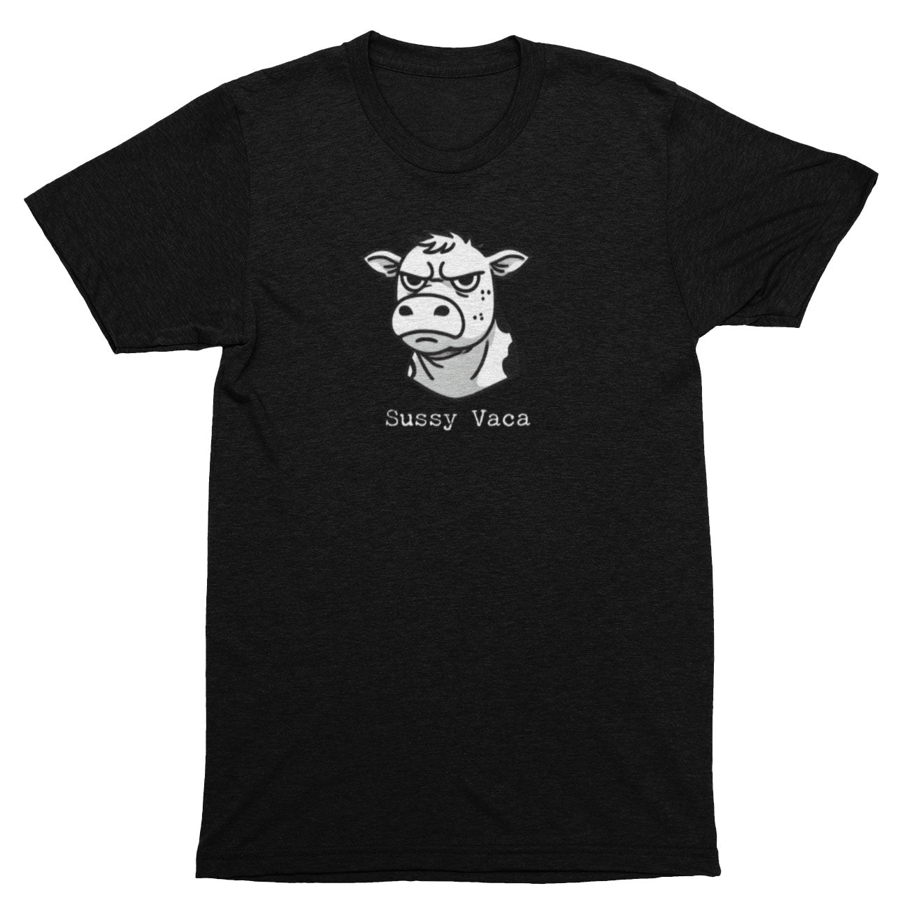 Black t-shirt with a graphic of a cow and the text 'Sussy Vaca' on a white background