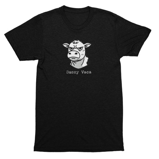 Black t-shirt with a graphic of a cow and the text 'Sussy Vaca' on a white background